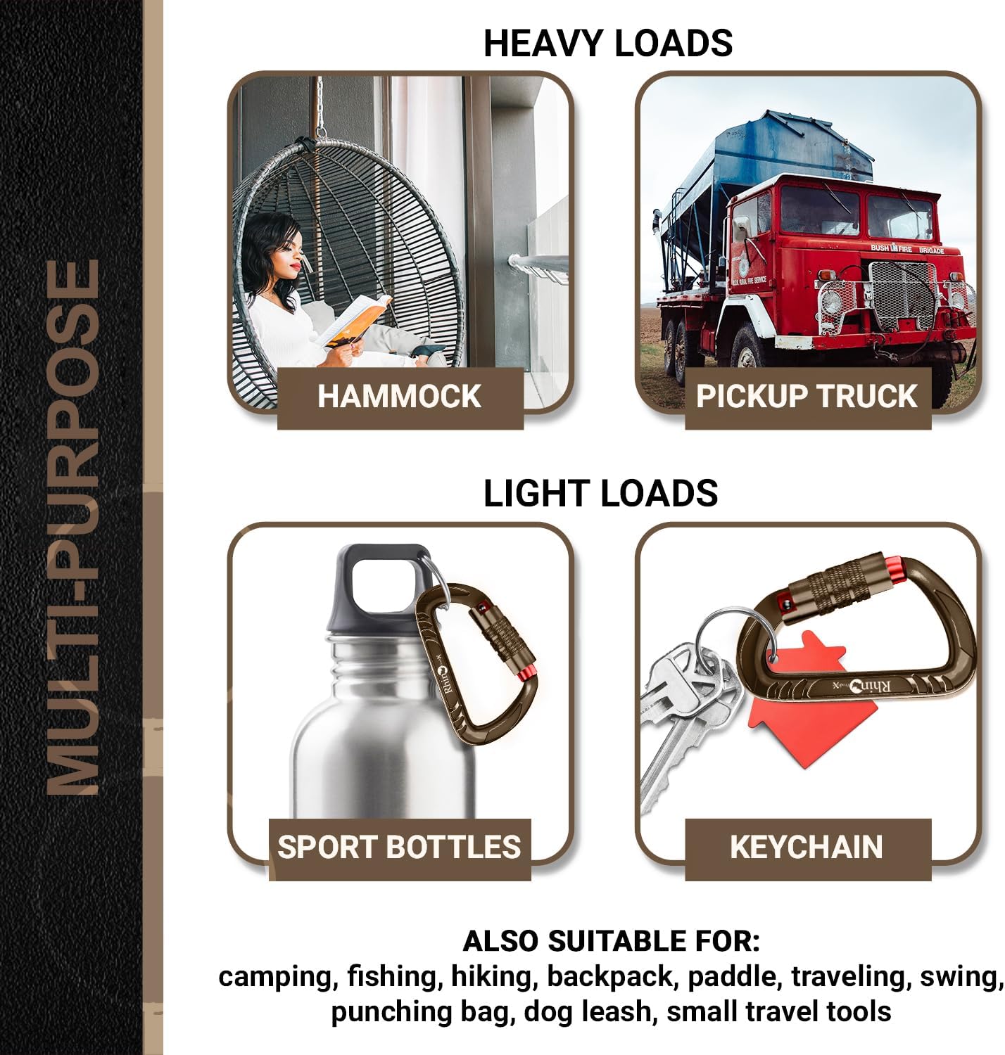 12kN Heavy Duty Carabiner Clips | 2697 lbs Capacity, For Pets, Outdoor, Camping, Hiking, Hammock, Dog Leash Harness, Keychains