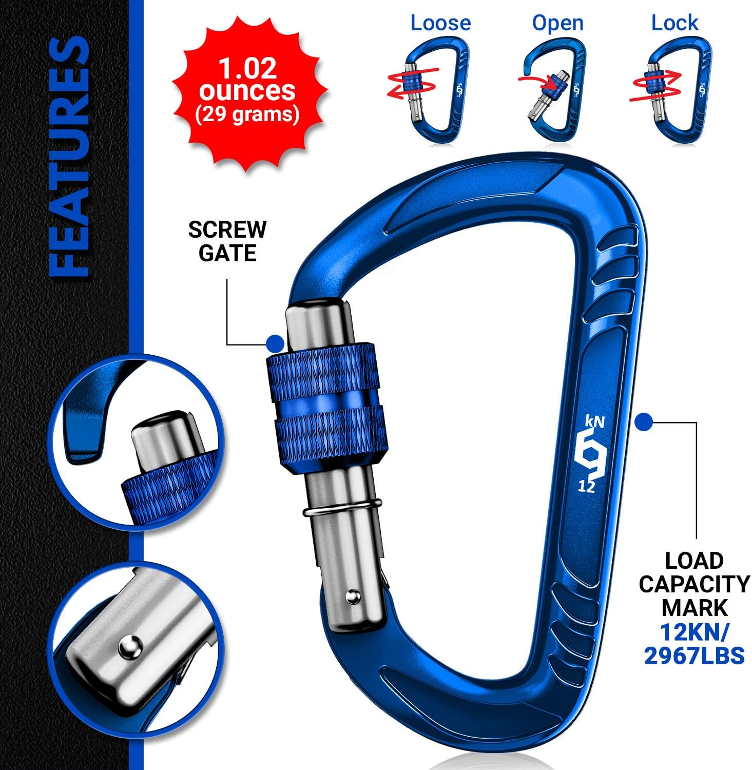 12kN Heavy Duty Carabiner Clips | 2697 lbs Capacity, For Pets, Outdoor, Camping, Hiking, Hammock, Dog Leash Harness, Keychains