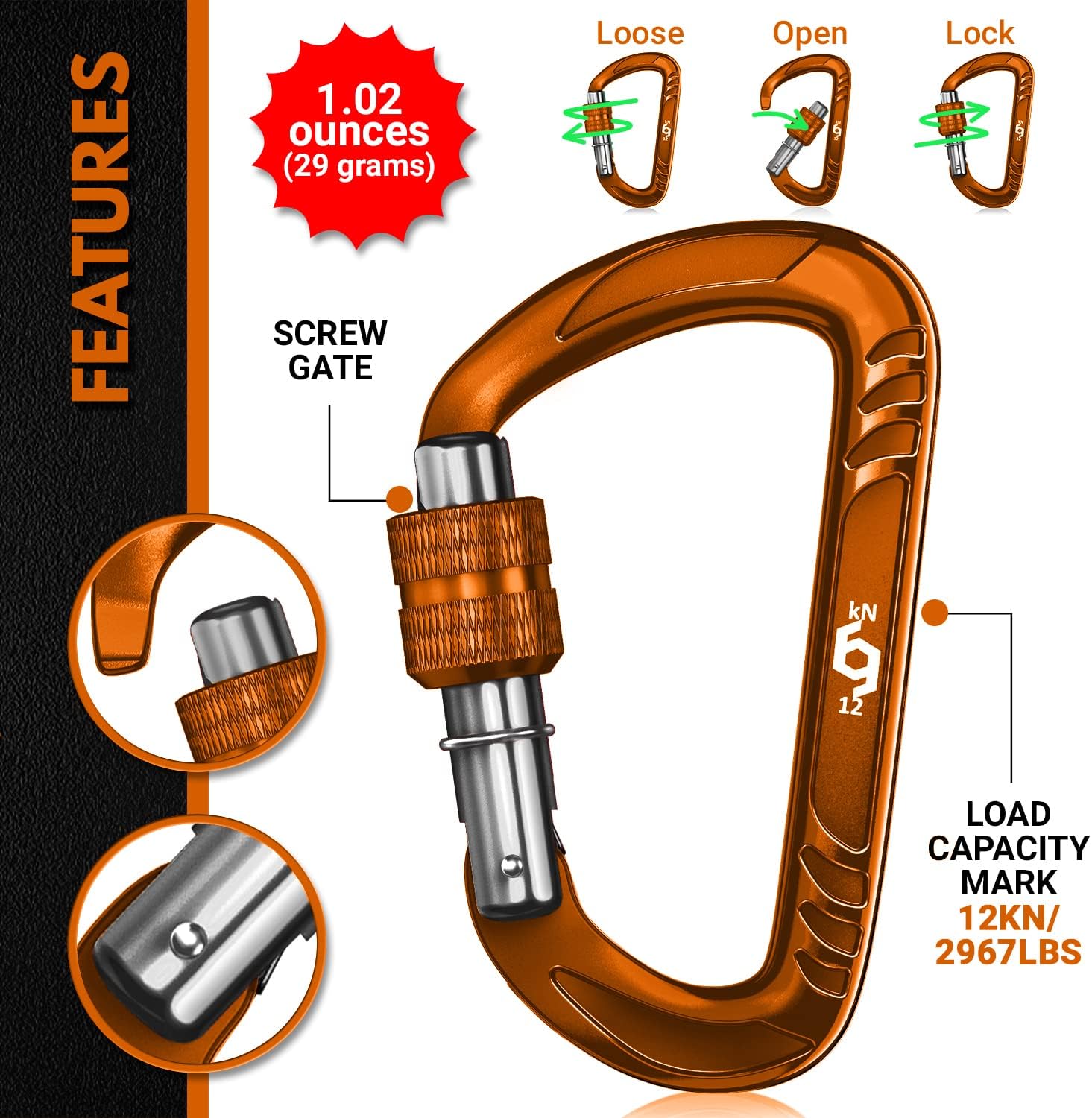 12kN Heavy Duty Carabiner Clips | 2697 lbs Capacity, For Pets, Outdoor, Camping, Hiking, Hammock, Dog Leash Harness, Keychains