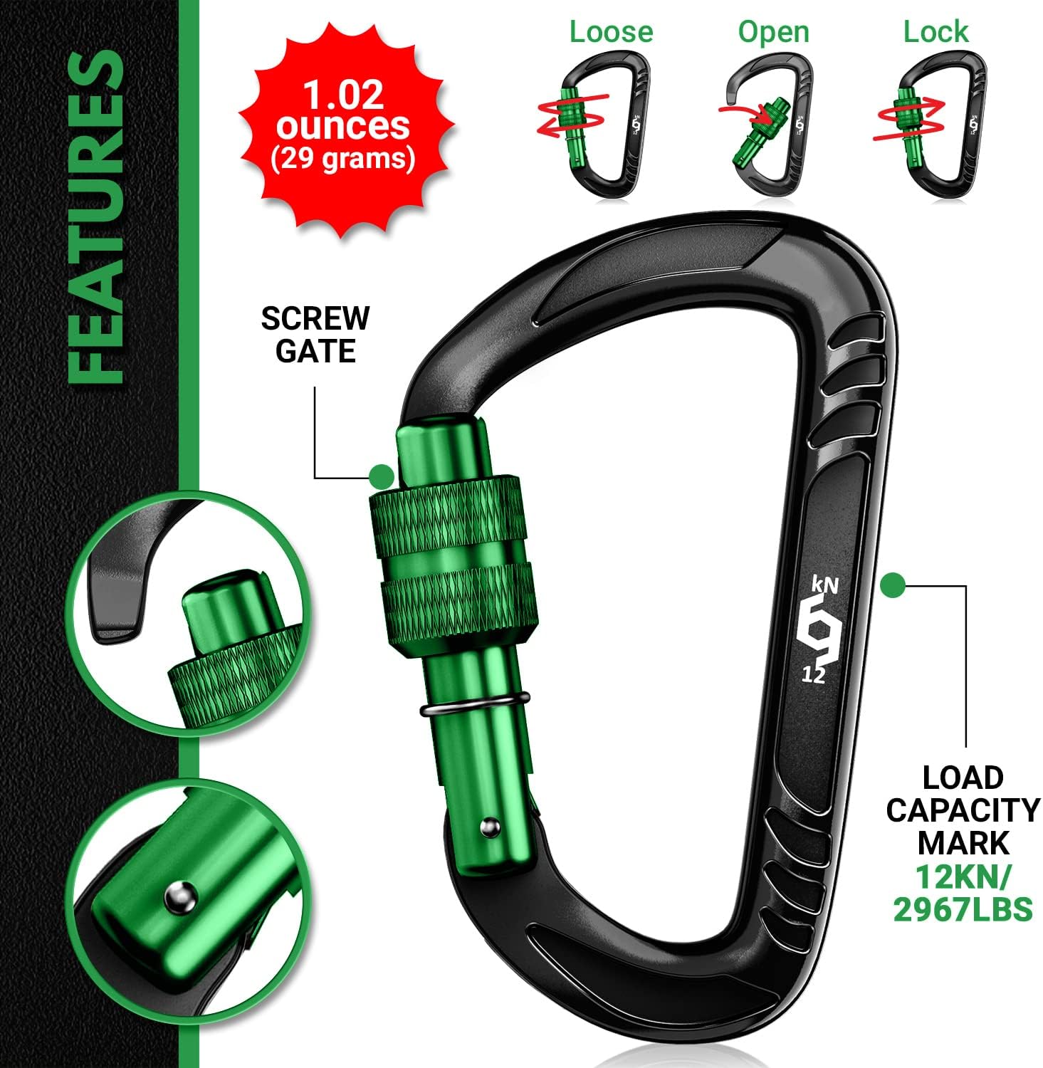 12kN Heavy Duty Carabiner Clips | 2697 lbs Capacity, For Pets, Outdoor, Camping, Hiking, Hammock, Dog Leash Harness, Keychains