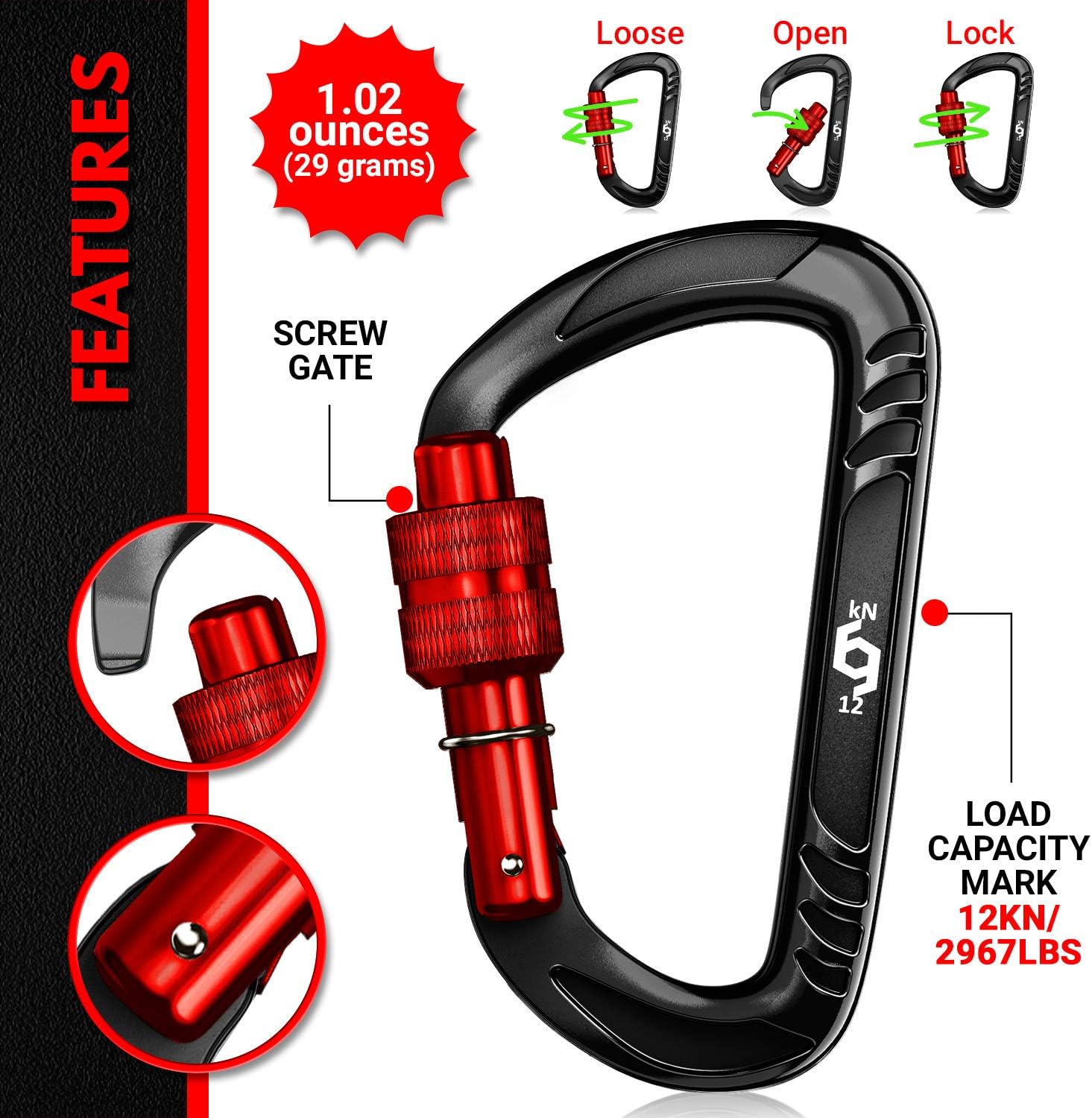 12kN Heavy Duty Carabiner Clips | 2697 lbs Capacity, For Pets, Outdoor, Camping, Hiking, Hammock, Dog Leash Harness, Keychains