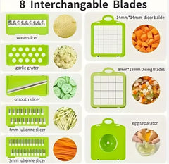 14-in-1 Vegetable Chopper with Container – Onion Chopper, Dicer, Slicer & Grater, Food Chopper with Stainless Steel Blades, BPA-Free, Easy Clean, Green