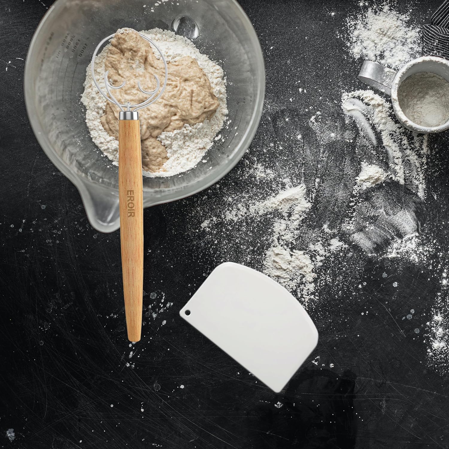 13" Danish Dough Whisk Bread Lame Bowl Scraper Set - Dutch Sourdough Whisk Double Eye, Dough Scraper, Bread Scorer with 10 Blades and Leather Cover