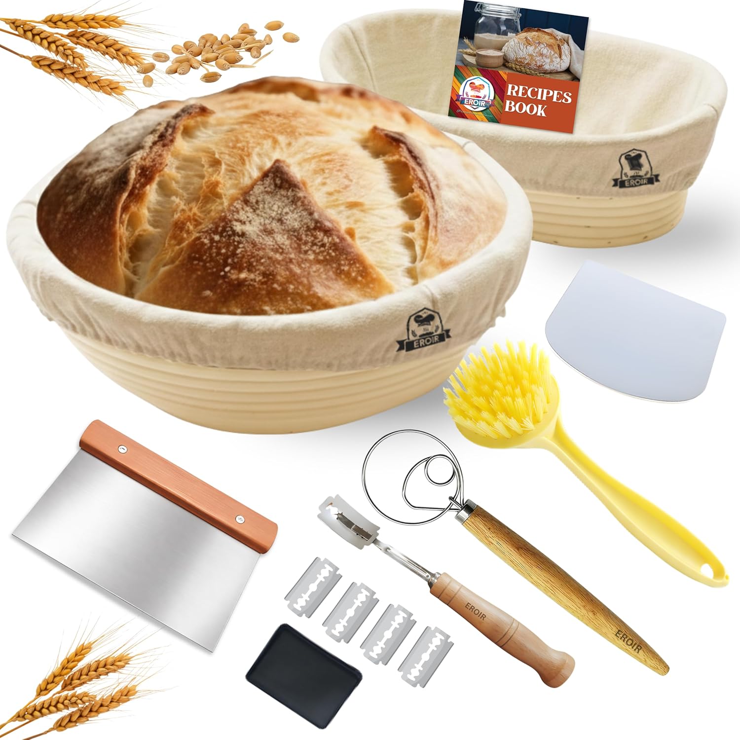 13" Danish Dough Whisk Bread Lame Bowl Scraper Set - Dutch Sourdough Whisk Double Eye, Dough Scraper, Bread Scorer with 10 Blades and Leather Cover