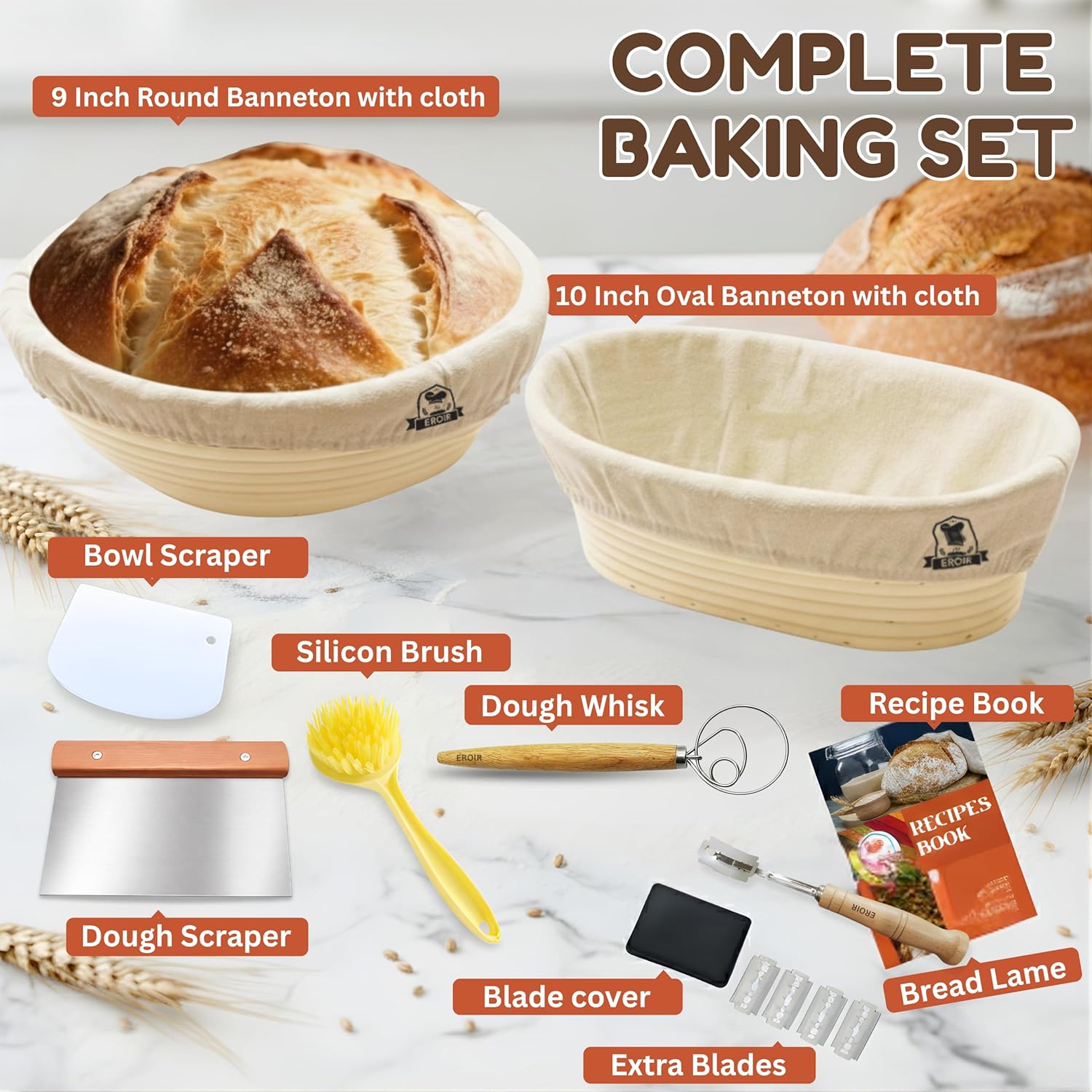 13" Danish Dough Whisk Bread Lame Bowl Scraper Set - Dutch Sourdough Whisk Double Eye, Dough Scraper, Bread Scorer with 10 Blades and Leather Cover