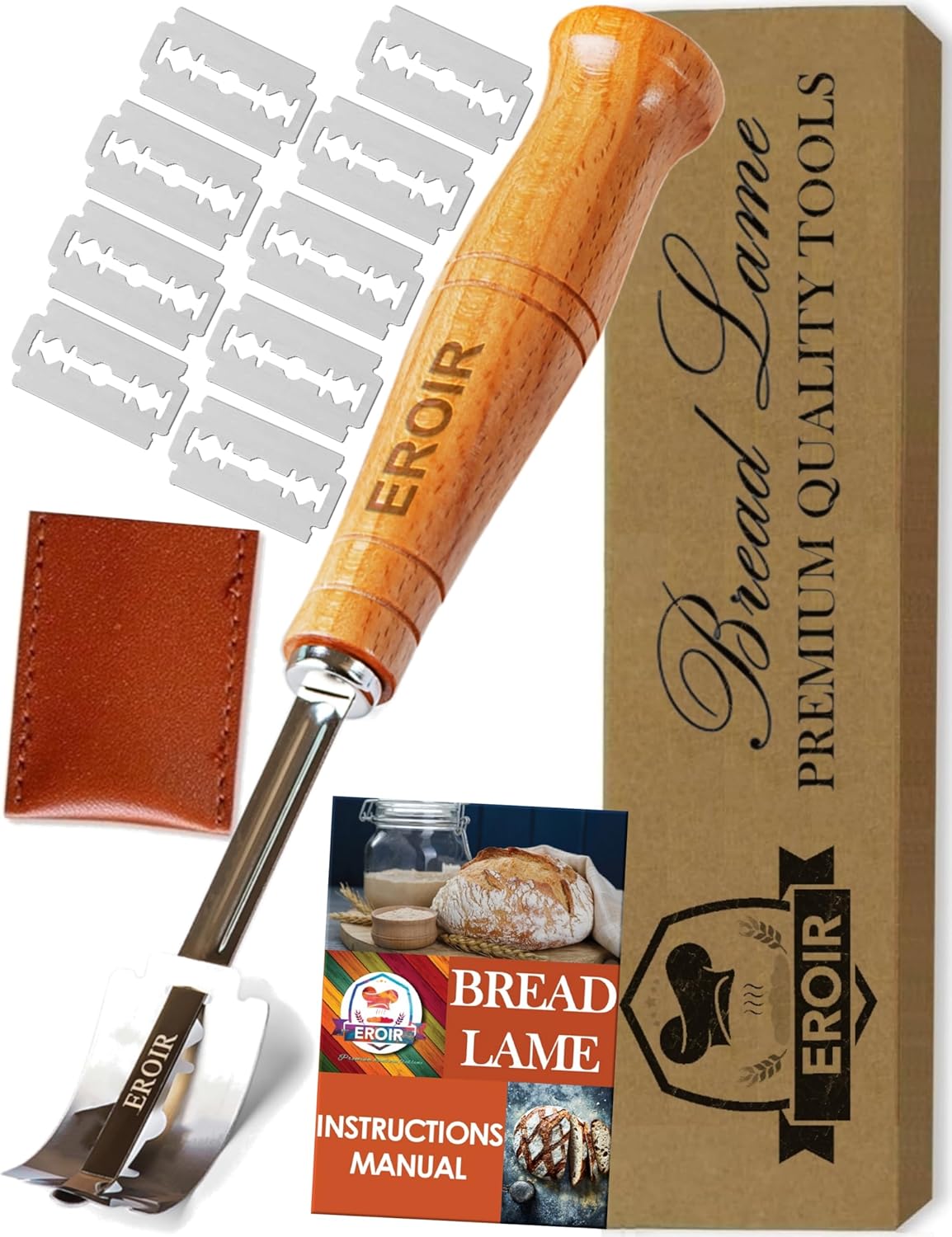 13" Danish Dough Whisk Bread Lame Bowl Scraper Set - Dutch Sourdough Whisk Double Eye, Dough Scraper, Bread Scorer with 10 Blades and Leather Cover