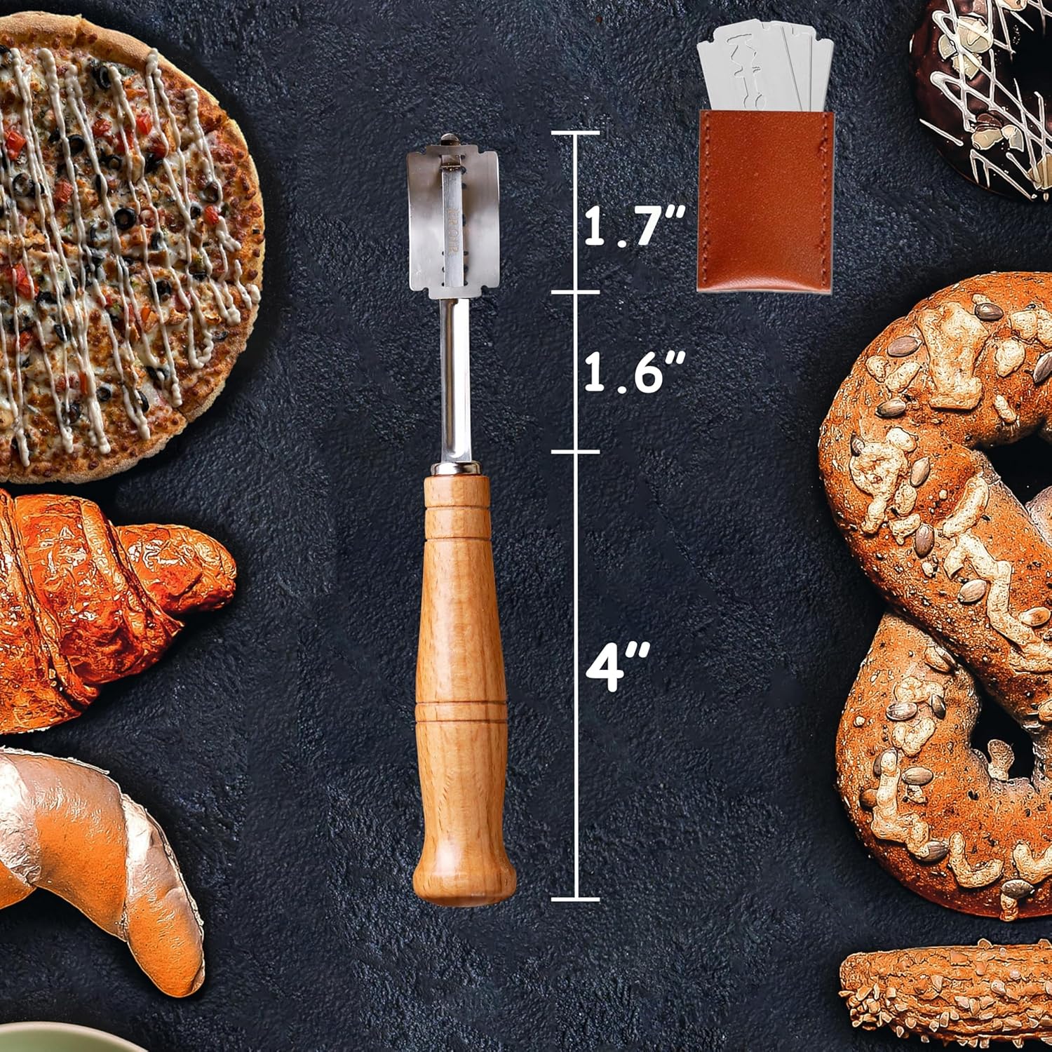 13" Danish Dough Whisk Bread Lame Bowl Scraper Set - Dutch Sourdough Whisk Double Eye, Dough Scraper, Bread Scorer with 10 Blades and Leather Cover