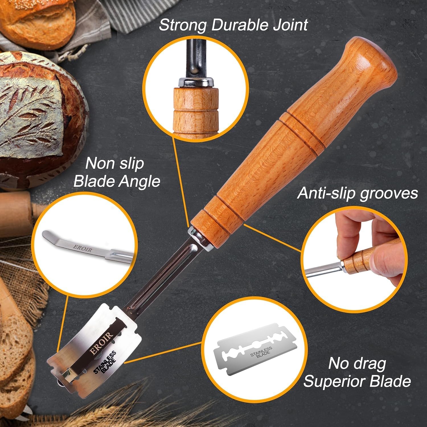 13" Danish Dough Whisk Bread Lame Bowl Scraper Set - Dutch Sourdough Whisk Double Eye, Dough Scraper, Bread Scorer with 10 Blades and Leather Cover