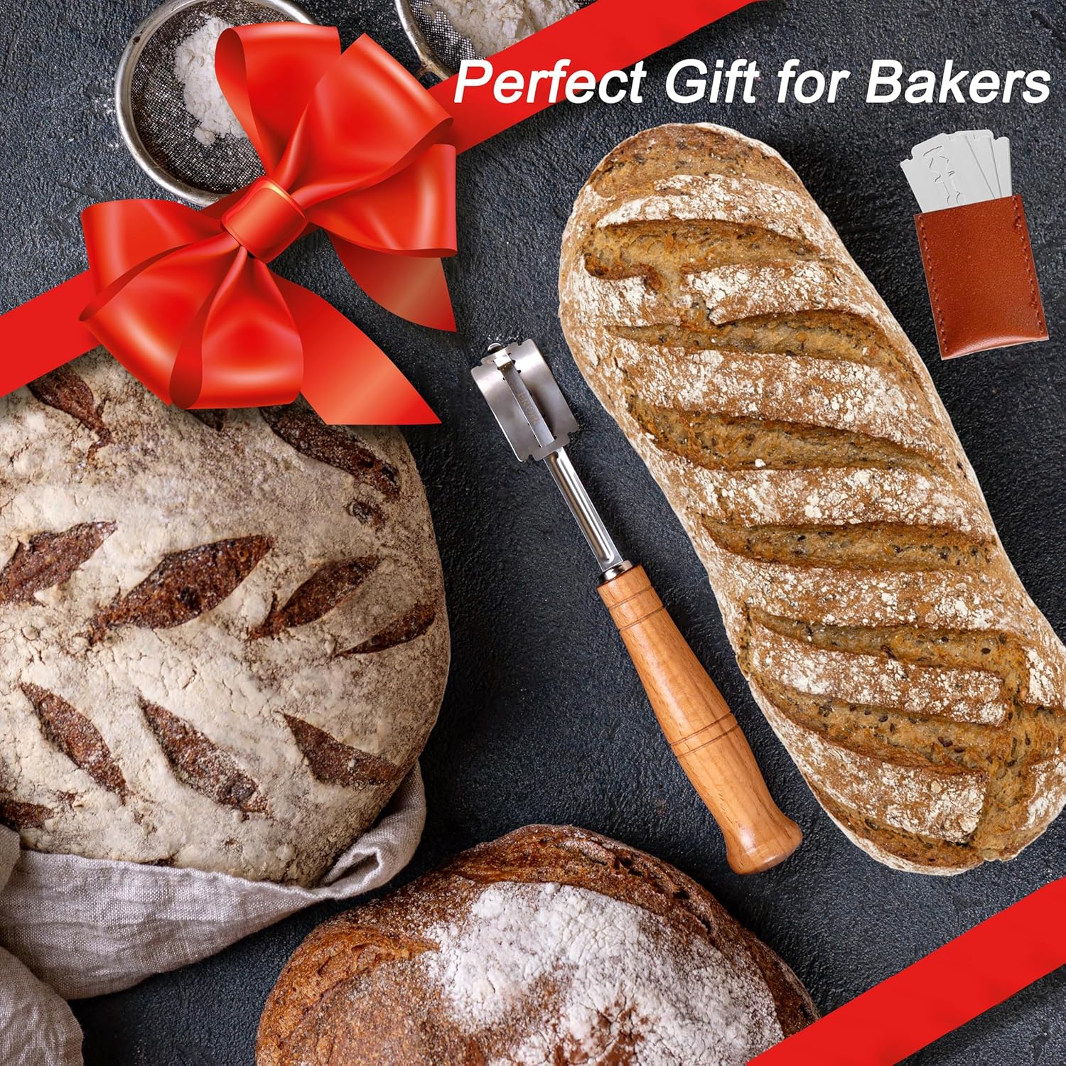 13" Danish Dough Whisk Bread Lame Bowl Scraper Set - Dutch Sourdough Whisk Double Eye, Dough Scraper, Bread Scorer with 10 Blades and Leather Cover