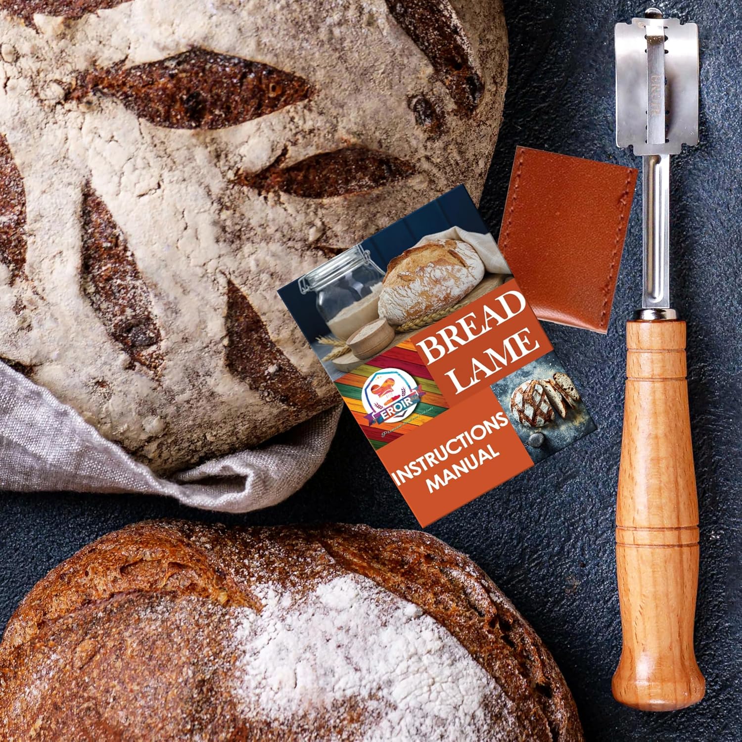 13" Danish Dough Whisk Bread Lame Bowl Scraper Set - Dutch Sourdough Whisk Double Eye, Dough Scraper, Bread Scorer with 10 Blades and Leather Cover