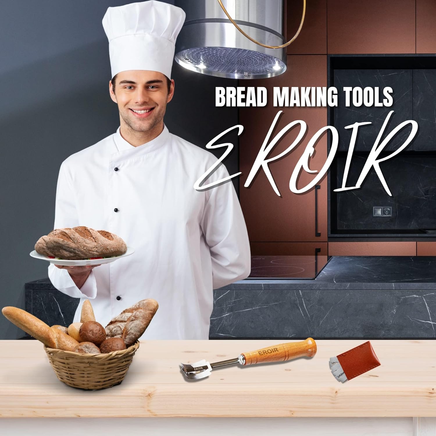 13" Danish Dough Whisk Bread Lame Bowl Scraper Set - Dutch Sourdough Whisk Double Eye, Dough Scraper, Bread Scorer with 10 Blades and Leather Cover