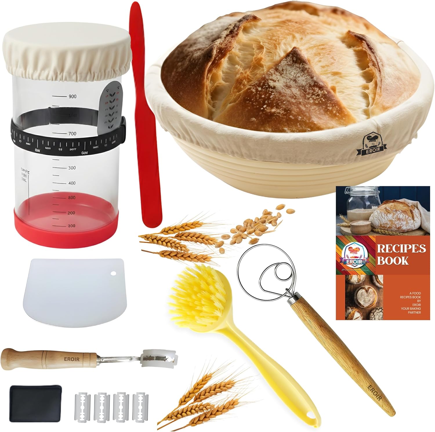 13" Danish Dough Whisk Bread Lame Bowl Scraper Set - Dutch Sourdough Whisk Double Eye, Dough Scraper, Bread Scorer with 10 Blades and Leather Cover