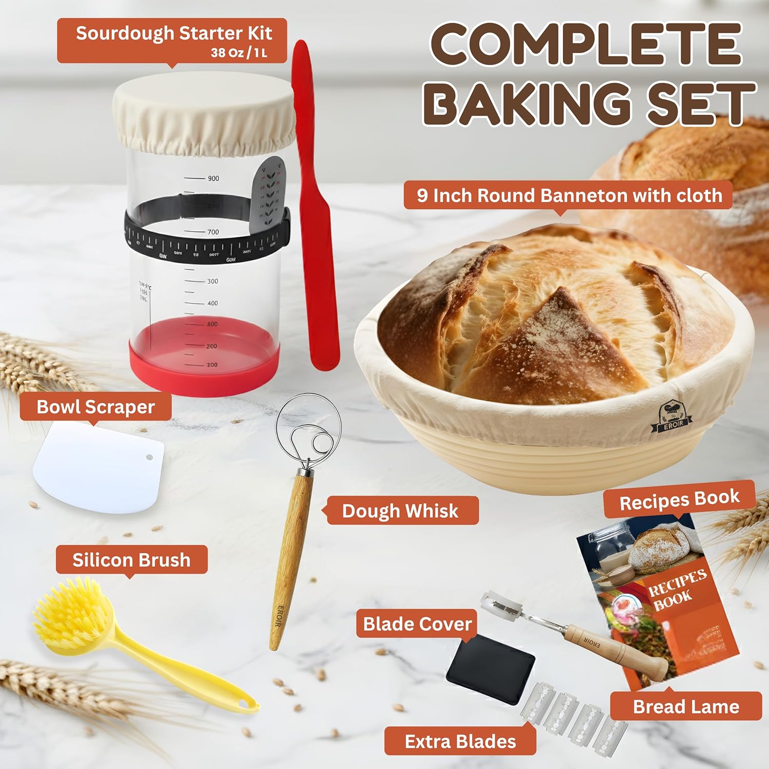 13" Danish Dough Whisk Bread Lame Bowl Scraper Set - Dutch Sourdough Whisk Double Eye, Dough Scraper, Bread Scorer with 10 Blades and Leather Cover