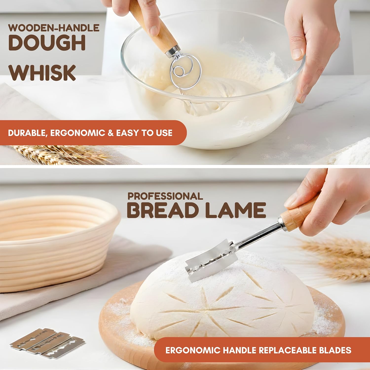 13" Danish Dough Whisk Bread Lame Bowl Scraper Set - Dutch Sourdough Whisk Double Eye, Dough Scraper, Bread Scorer with 10 Blades and Leather Cover