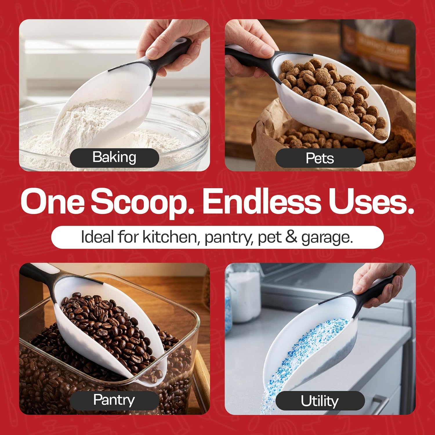 1-Cup Multipurpose Scoop – Flexible Funnel Tip for Spill-Free Pours – Heavy-Duty Ice Scoop for Freezer & Ice Machine – Dog Food Scoop & Flour Scoop for Canisters (1-Pack)