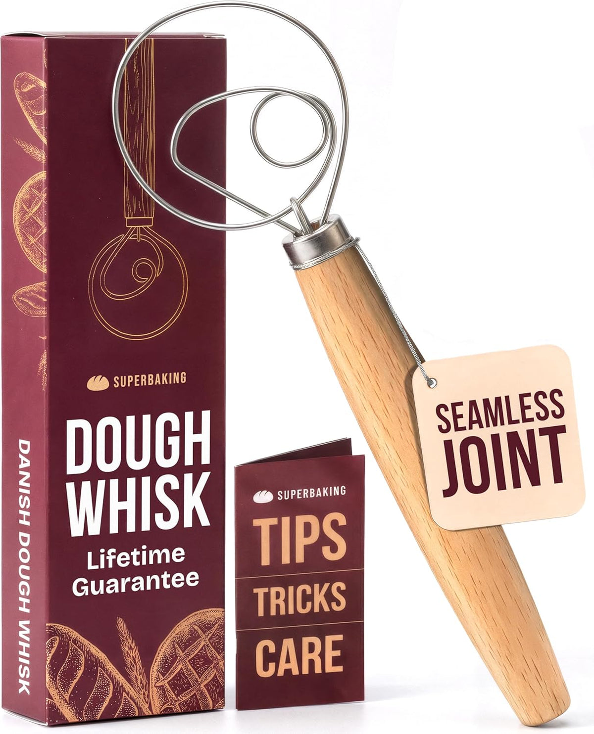 12" Danish Dough Whisk for Bread Mixing | Single Eye Design, Sourdough Bread Baking, Ergonomic Wooden Handle, Bread Making Tools
