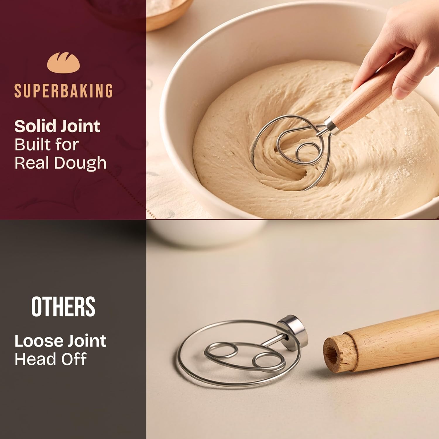 12" Danish Dough Whisk for Bread Mixing | Single Eye Design, Sourdough Bread Baking, Ergonomic Wooden Handle, Bread Making Tools