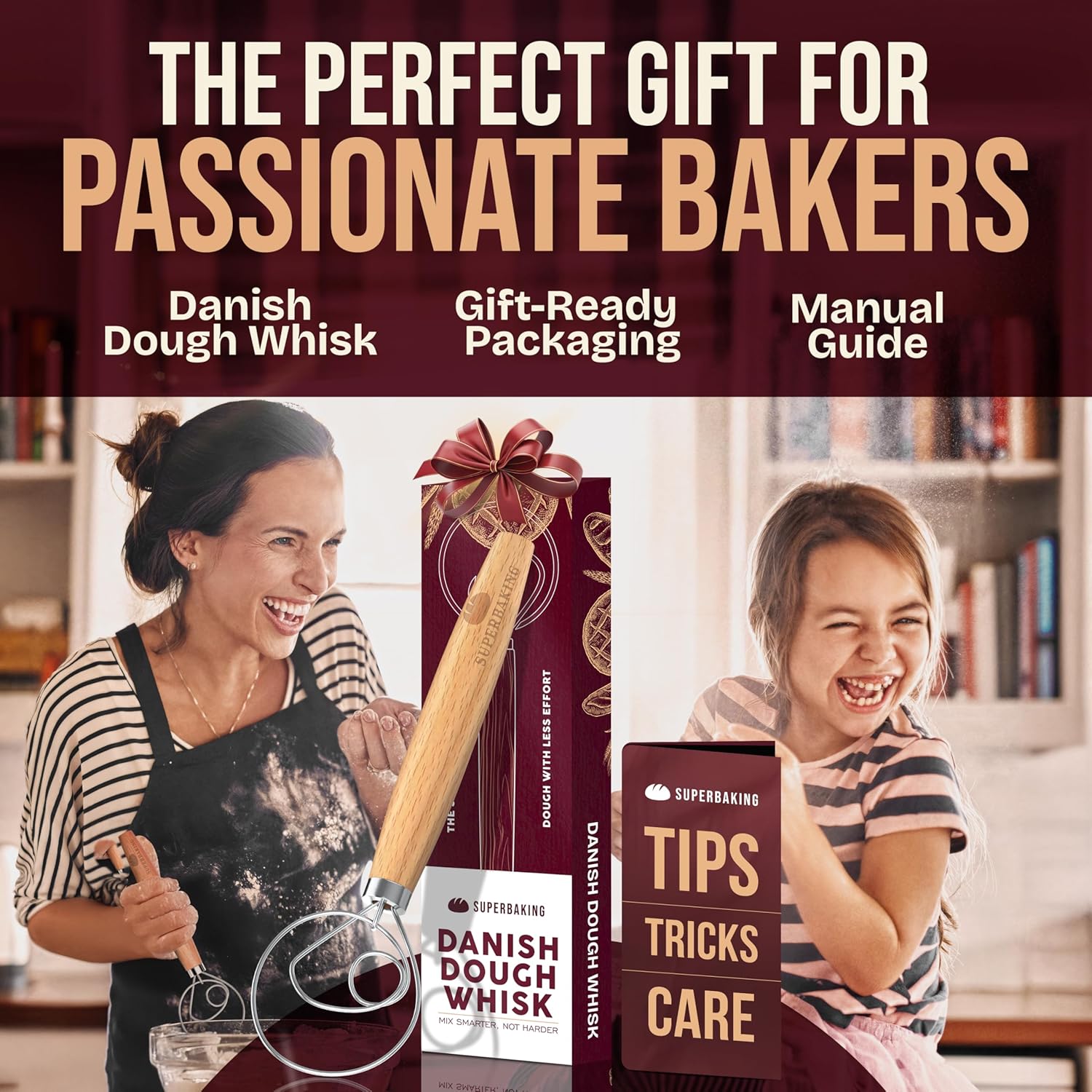 12" Danish Dough Whisk for Bread Mixing | Single Eye Design, Sourdough Bread Baking, Ergonomic Wooden Handle, Bread Making Tools