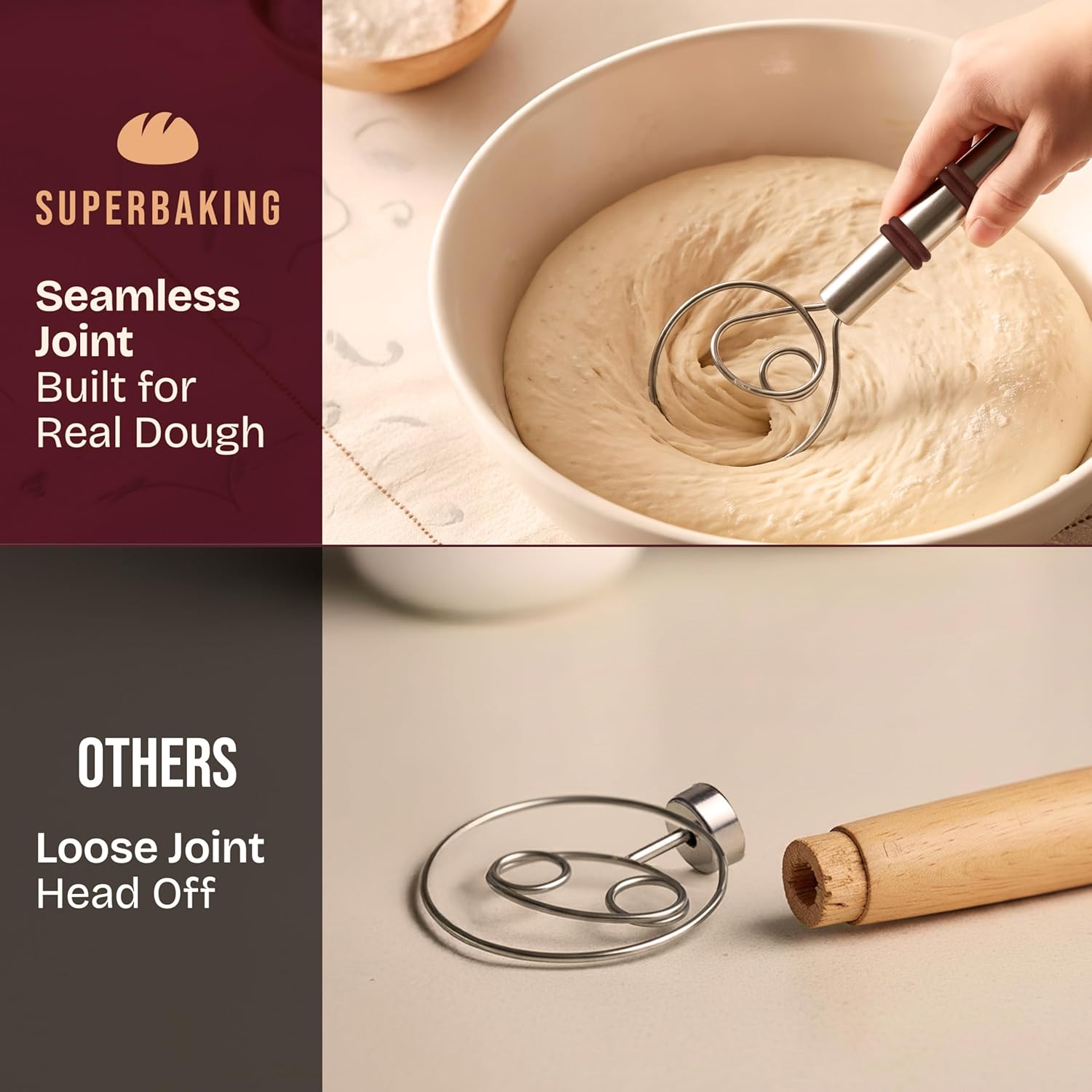 12" Danish Dough Whisk for Bread Mixing | Single Eye Design, Sourdough Bread Baking, Ergonomic Wooden Handle, Bread Making Tools