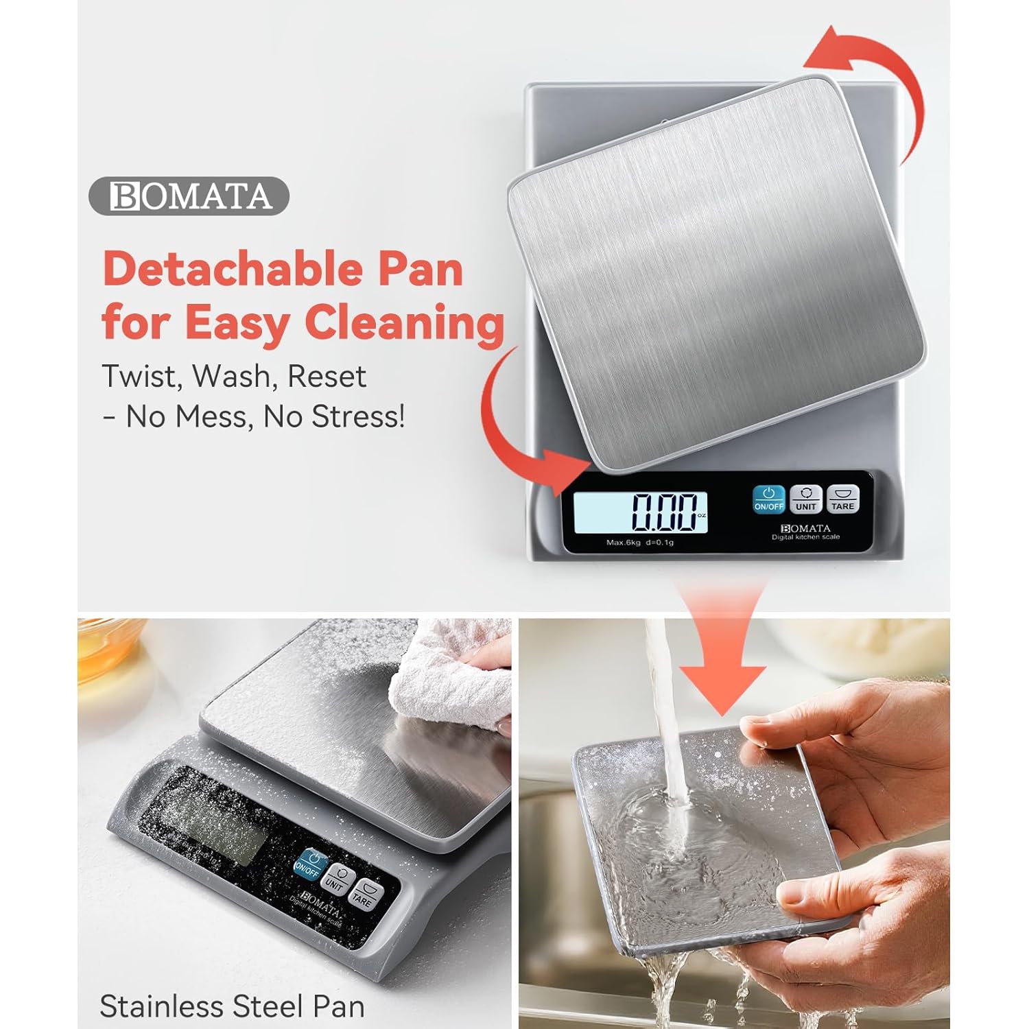 0.1g High Precision Food Scale, Kitchen Scale with Removable Pan | 13lb, Stainless Steel Pan, Backlit LCD Display, Digital Scale for Cooking, Baking B621 Grey