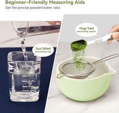 10-Pcs Matcha Whisk Set, Matcha Kit with Measuring Spoon/Cup, Green | Complete Matcha Tea Making Tools | Bamboo Whisk, Ceramic Bowl with Spout & Holder, Stainless Sifter, Gift for Starter