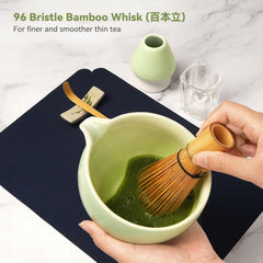 10-Pcs Matcha Whisk Set, Matcha Kit with Measuring Spoon/Cup, Green | Complete Matcha Tea Making Tools | Bamboo Whisk, Ceramic Bowl with Spout & Holder, Stainless Sifter, Gift for Starter
