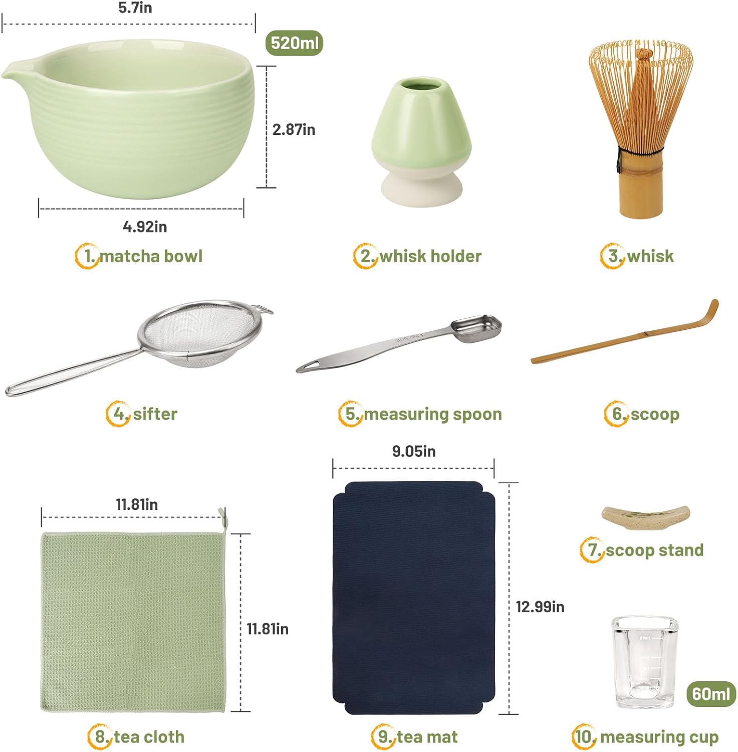 10-Pcs Matcha Whisk Set, Matcha Kit with Measuring Spoon/Cup, Green | Complete Matcha Tea Making Tools | Bamboo Whisk, Ceramic Bowl with Spout & Holder, Stainless Sifter, Gift for Starter