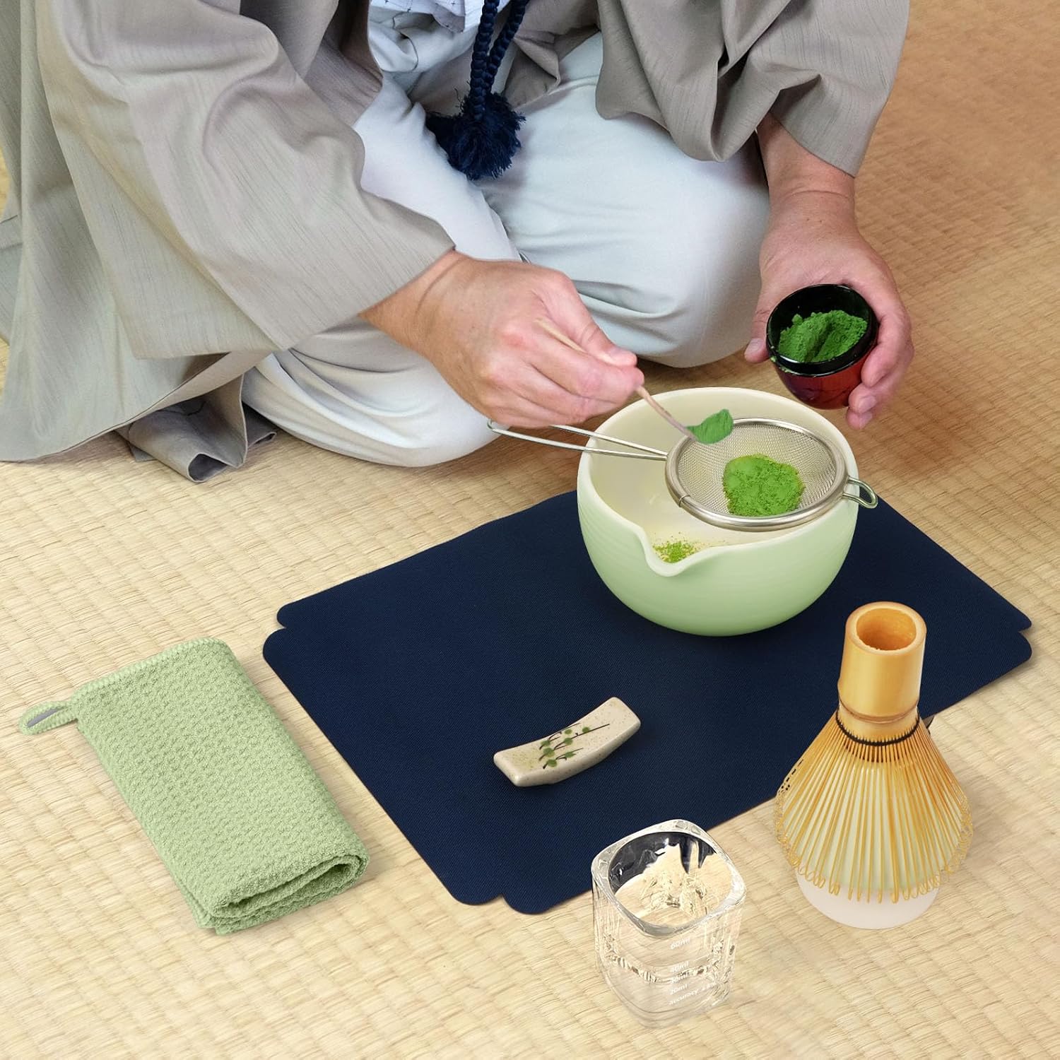 10-Pcs Matcha Whisk Set, Matcha Kit with Measuring Spoon/Cup, Green | Complete Matcha Tea Making Tools | Bamboo Whisk, Ceramic Bowl with Spout & Holder, Stainless Sifter, Gift for Starter