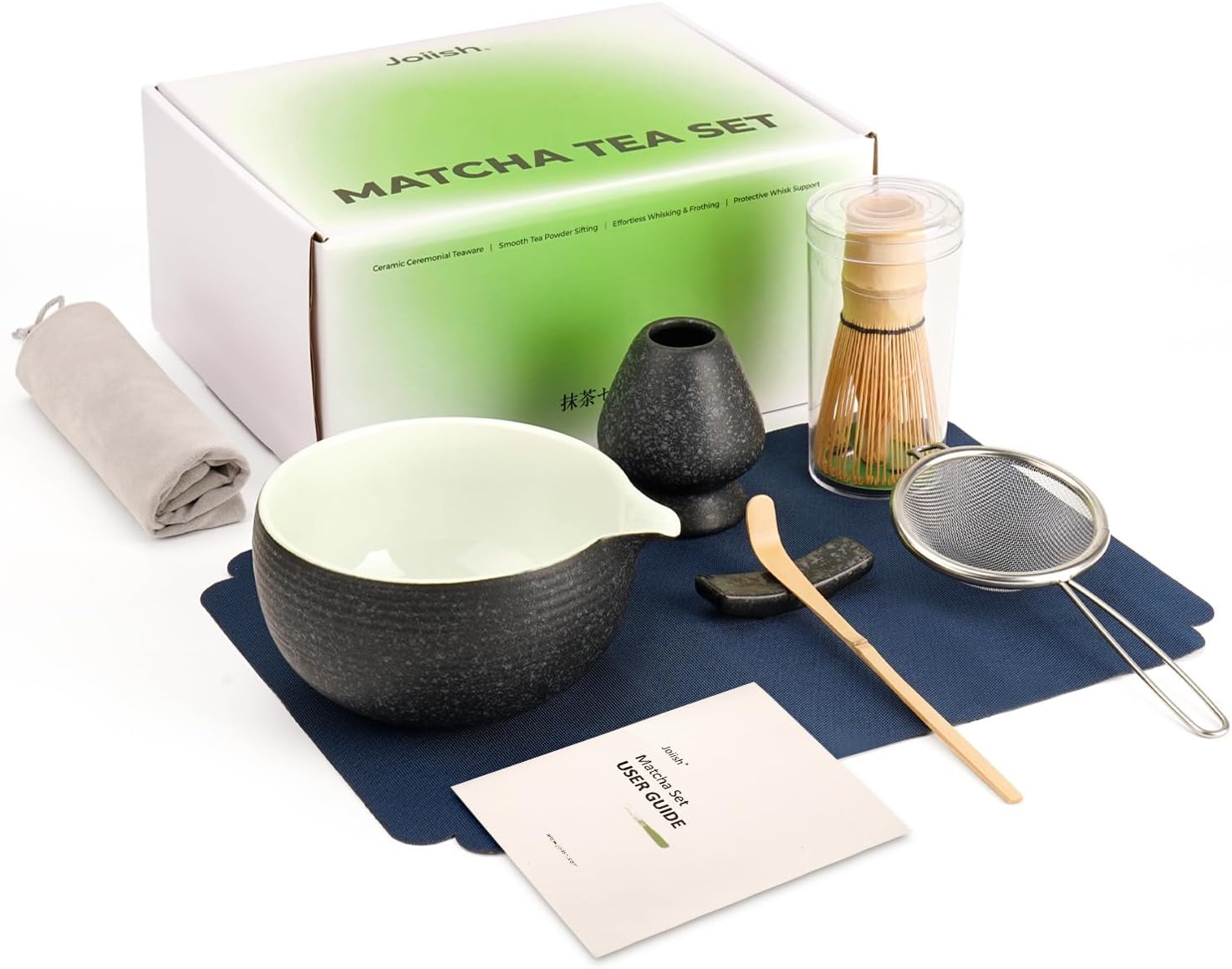 10-Pcs Matcha Whisk Set, Matcha Kit with Measuring Spoon/Cup, Green | Complete Matcha Tea Making Tools | Bamboo Whisk, Ceramic Bowl with Spout & Holder, Stainless Sifter, Gift for Starter