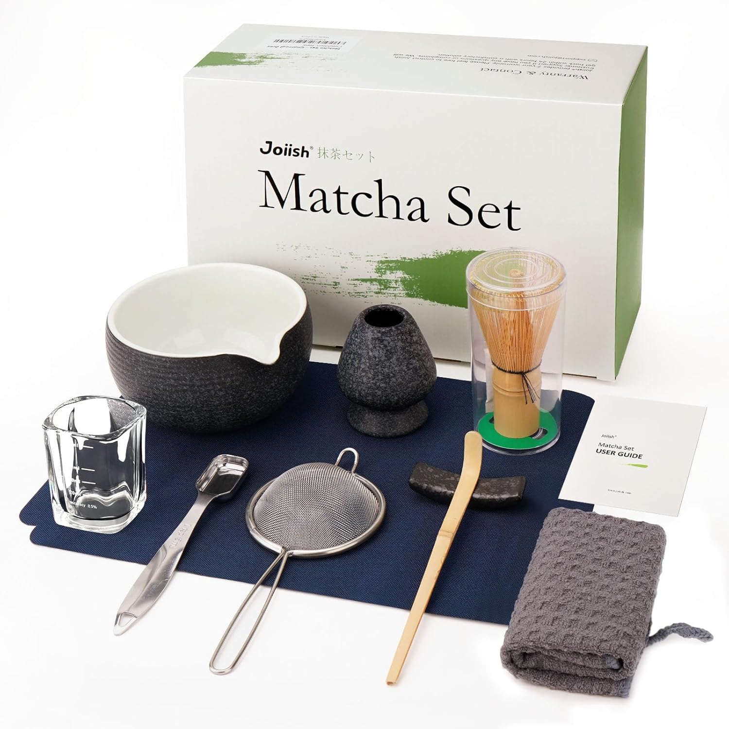 10-Pcs Matcha Whisk Set, Matcha Kit with Measuring Spoon/Cup, Green | Complete Matcha Tea Making Tools | Bamboo Whisk, Ceramic Bowl with Spout & Holder, Stainless Sifter, Gift for Starter