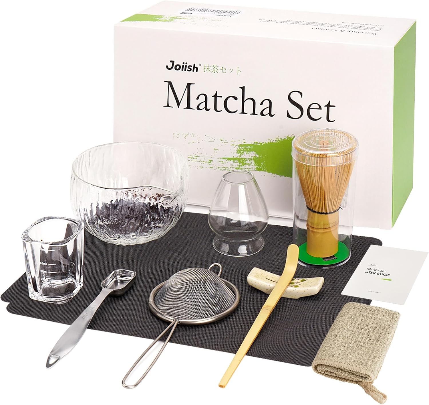 10-Pcs Matcha Whisk Set, Matcha Kit with Measuring Spoon/Cup, Green | Complete Matcha Tea Making Tools | Bamboo Whisk, Ceramic Bowl with Spout & Holder, Stainless Sifter, Gift for Starter