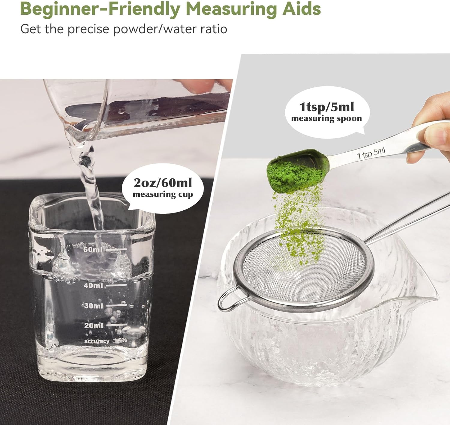 10-Pcs Matcha Whisk Set, Matcha Kit with Measuring Spoon/Cup, Green | Complete Matcha Tea Making Tools | Bamboo Whisk, Ceramic Bowl with Spout & Holder, Stainless Sifter, Gift for Starter
