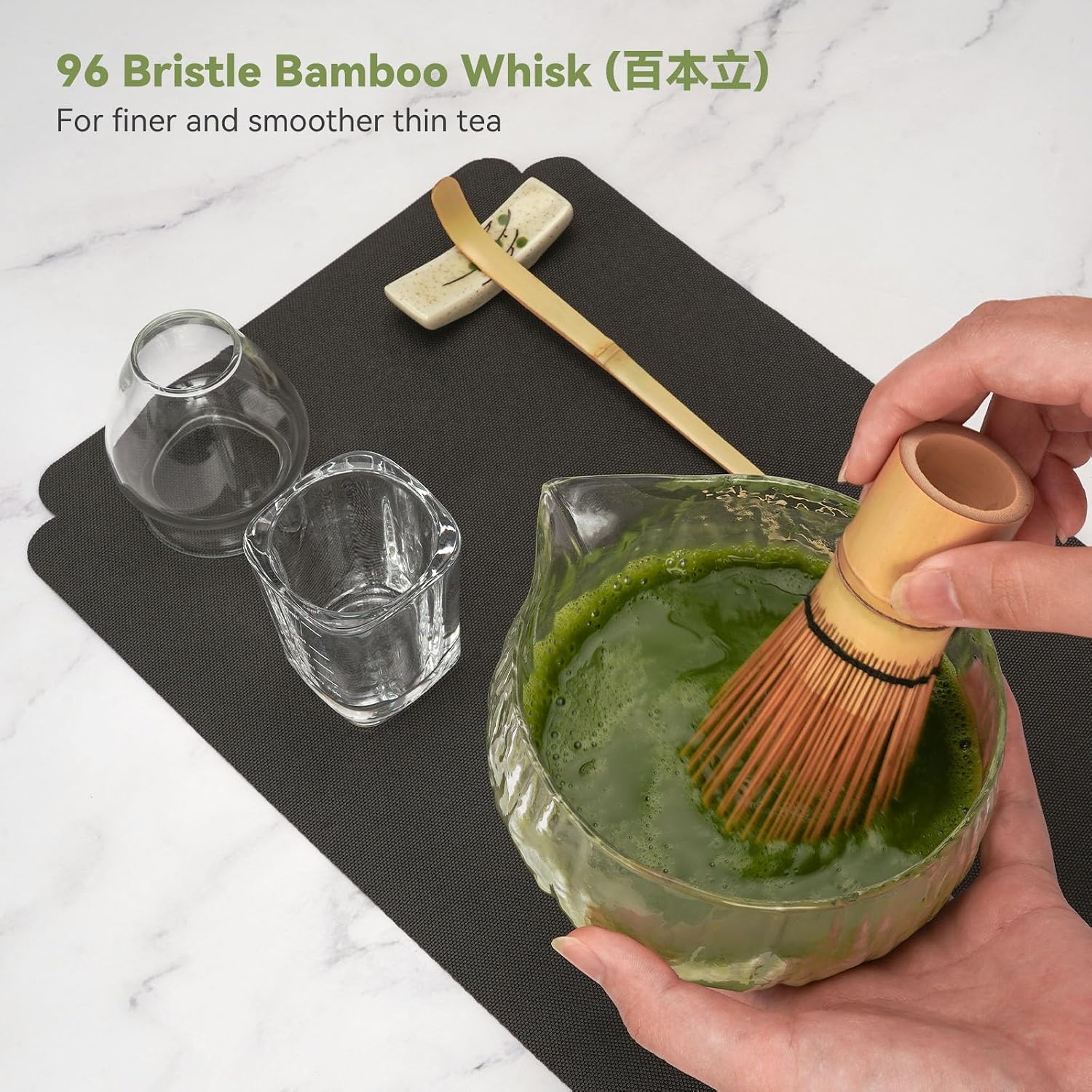 10-Pcs Matcha Whisk Set, Matcha Kit with Measuring Spoon/Cup, Green | Complete Matcha Tea Making Tools | Bamboo Whisk, Ceramic Bowl with Spout & Holder, Stainless Sifter, Gift for Starter