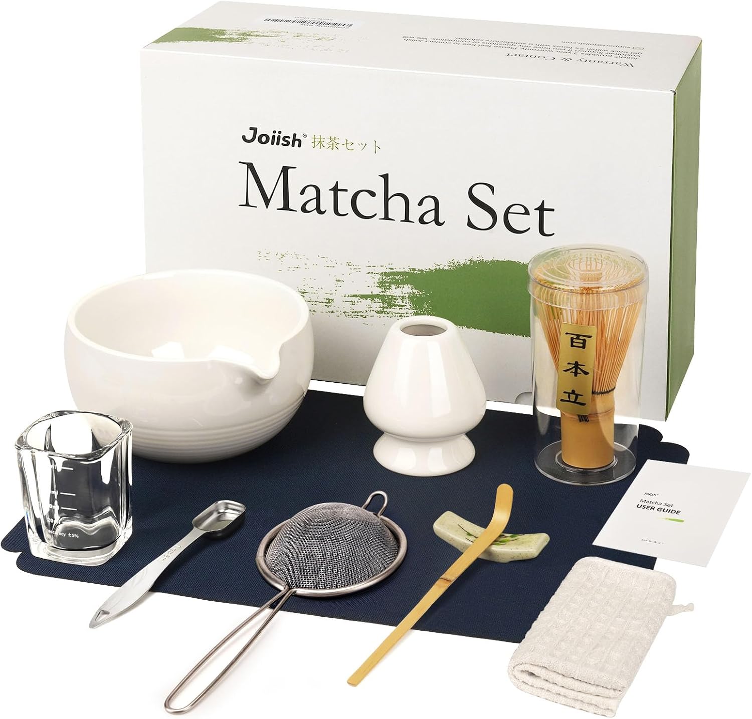 10-Pcs Matcha Whisk Set, Matcha Kit with Measuring Spoon/Cup, Green | Complete Matcha Tea Making Tools | Bamboo Whisk, Ceramic Bowl with Spout & Holder, Stainless Sifter, Gift for Starter