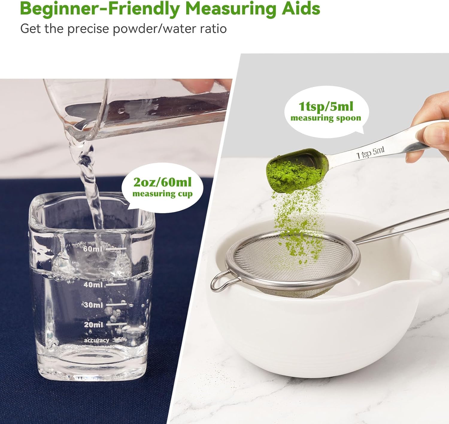 10-Pcs Matcha Whisk Set, Matcha Kit with Measuring Spoon/Cup, Green | Complete Matcha Tea Making Tools | Bamboo Whisk, Ceramic Bowl with Spout & Holder, Stainless Sifter, Gift for Starter