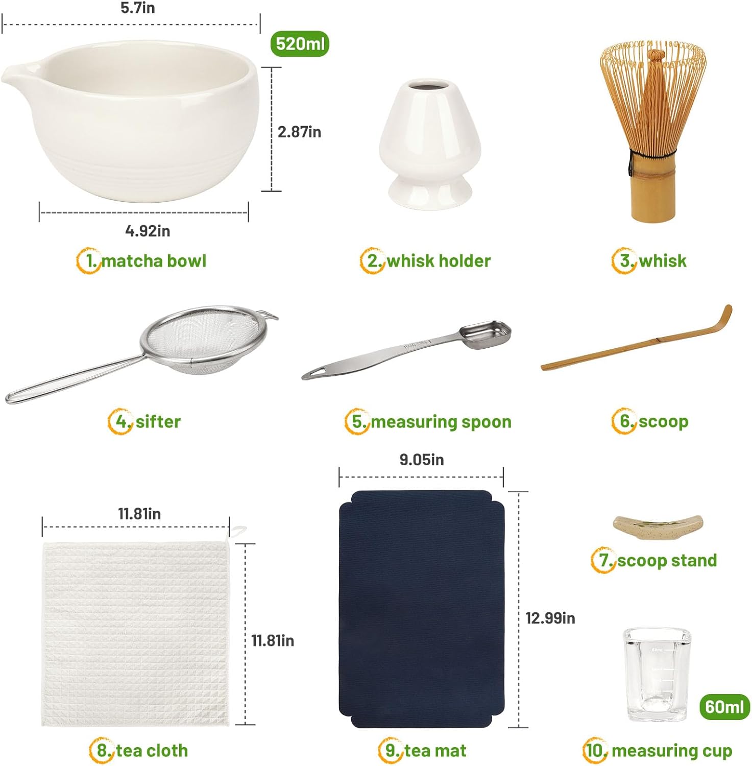 10-Pcs Matcha Whisk Set, Matcha Kit with Measuring Spoon/Cup, Green | Complete Matcha Tea Making Tools | Bamboo Whisk, Ceramic Bowl with Spout & Holder, Stainless Sifter, Gift for Starter