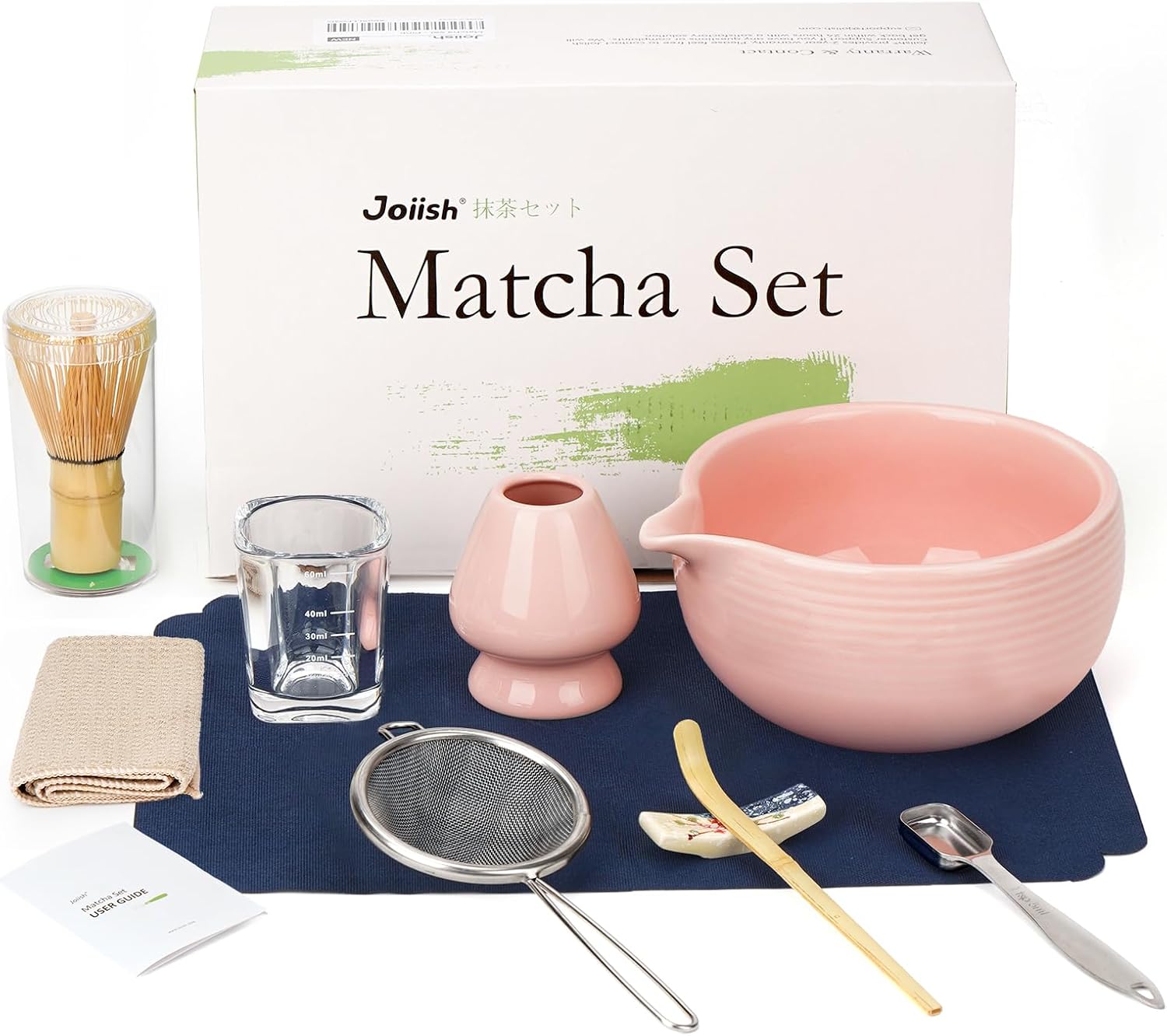 10-Pcs Matcha Whisk Set, Matcha Kit with Measuring Spoon/Cup, Green | Complete Matcha Tea Making Tools | Bamboo Whisk, Ceramic Bowl with Spout & Holder, Stainless Sifter, Gift for Starter