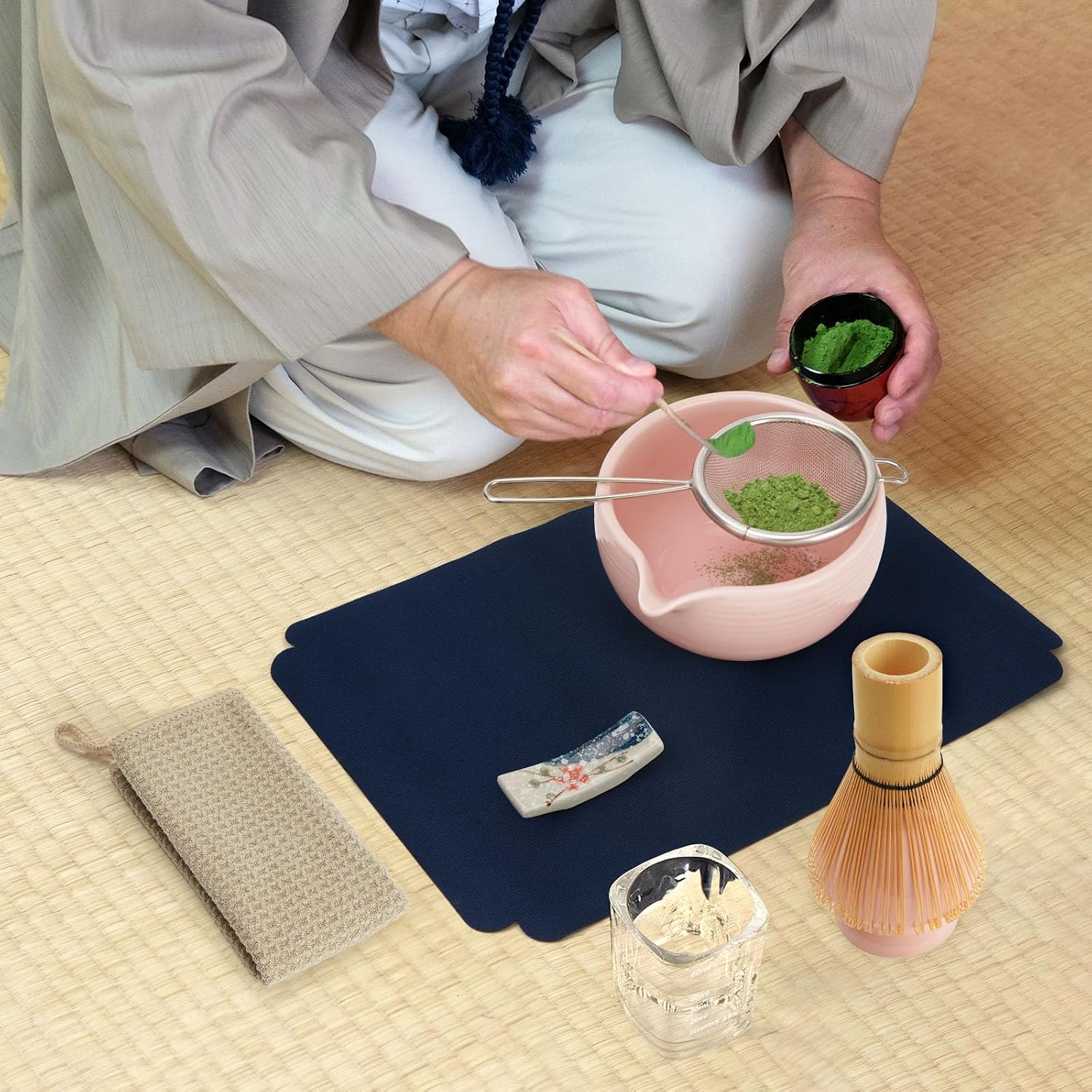 10-Pcs Matcha Whisk Set, Matcha Kit with Measuring Spoon/Cup, Green | Complete Matcha Tea Making Tools | Bamboo Whisk, Ceramic Bowl with Spout & Holder, Stainless Sifter, Gift for Starter