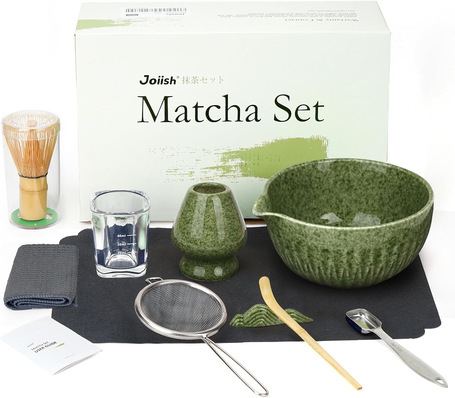 10-Pcs Matcha Whisk Set, Matcha Kit with Measuring Spoon/Cup, Green | Complete Matcha Tea Making Tools | Bamboo Whisk, Ceramic Bowl with Spout & Holder, Stainless Sifter, Gift for Starter