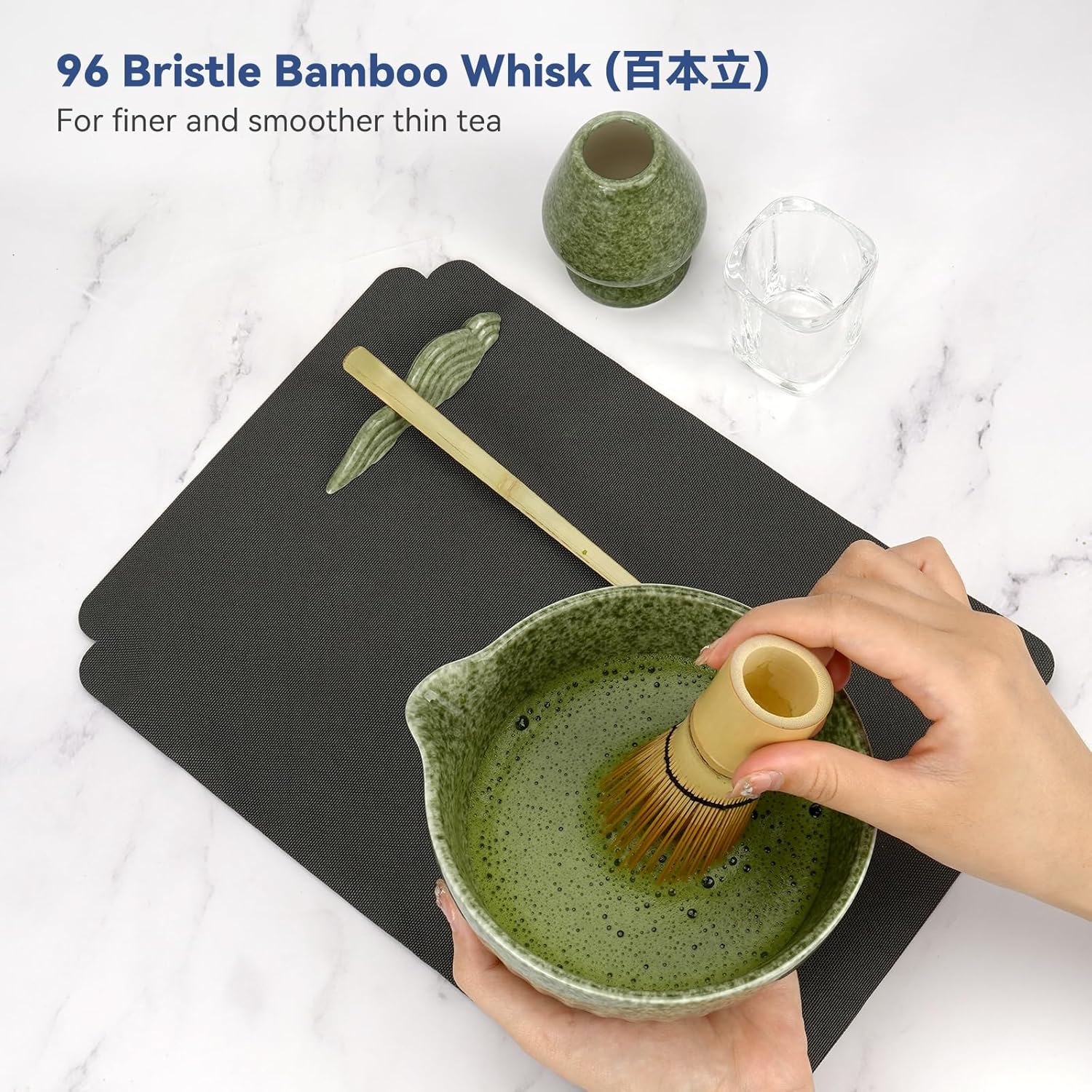 10-Pcs Matcha Whisk Set, Matcha Kit with Measuring Spoon/Cup, Green | Complete Matcha Tea Making Tools | Bamboo Whisk, Ceramic Bowl with Spout & Holder, Stainless Sifter, Gift for Starter