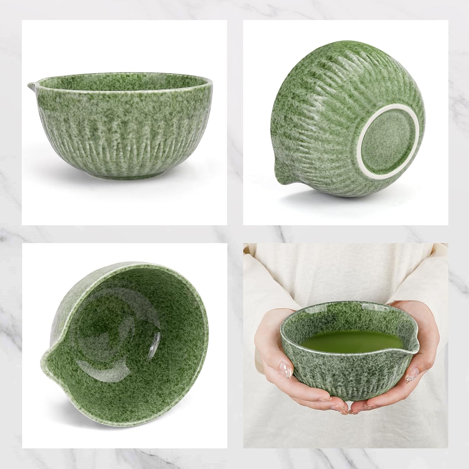 10-Pcs Matcha Whisk Set, Matcha Kit with Measuring Spoon/Cup, Green | Complete Matcha Tea Making Tools | Bamboo Whisk, Ceramic Bowl with Spout & Holder, Stainless Sifter, Gift for Starter