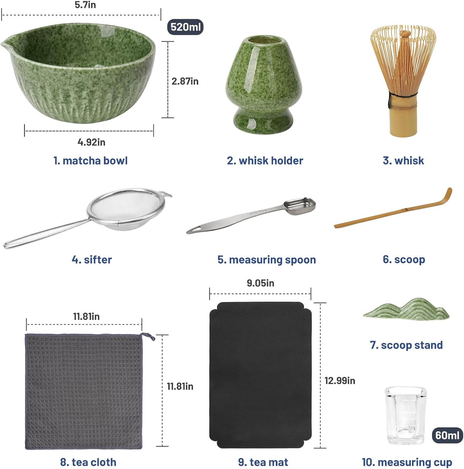 10-Pcs Matcha Whisk Set, Matcha Kit with Measuring Spoon/Cup, Green | Complete Matcha Tea Making Tools | Bamboo Whisk, Ceramic Bowl with Spout & Holder, Stainless Sifter, Gift for Starter