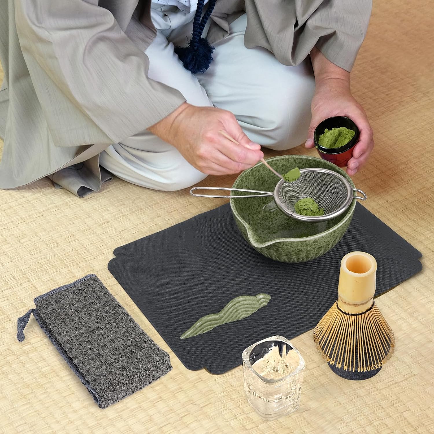 10-Pcs Matcha Whisk Set, Matcha Kit with Measuring Spoon/Cup, Green | Complete Matcha Tea Making Tools | Bamboo Whisk, Ceramic Bowl with Spout & Holder, Stainless Sifter, Gift for Starter