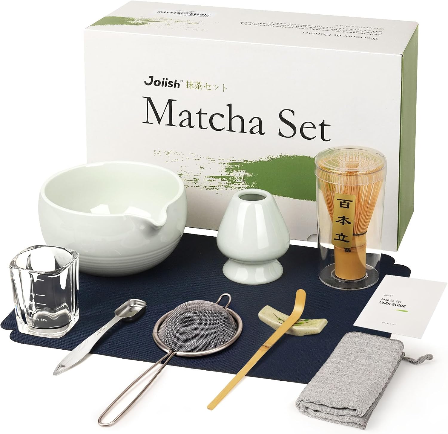 10-Pcs Matcha Whisk Set, Matcha Kit with Measuring Spoon/Cup, Green | Complete Matcha Tea Making Tools | Bamboo Whisk, Ceramic Bowl with Spout & Holder, Stainless Sifter, Gift for Starter