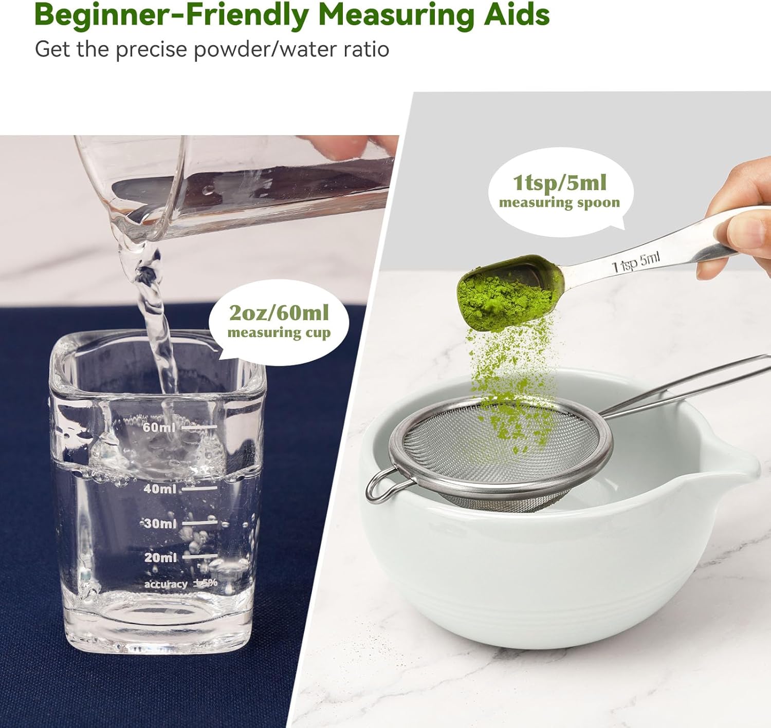 10-Pcs Matcha Whisk Set, Matcha Kit with Measuring Spoon/Cup, Green | Complete Matcha Tea Making Tools | Bamboo Whisk, Ceramic Bowl with Spout & Holder, Stainless Sifter, Gift for Starter