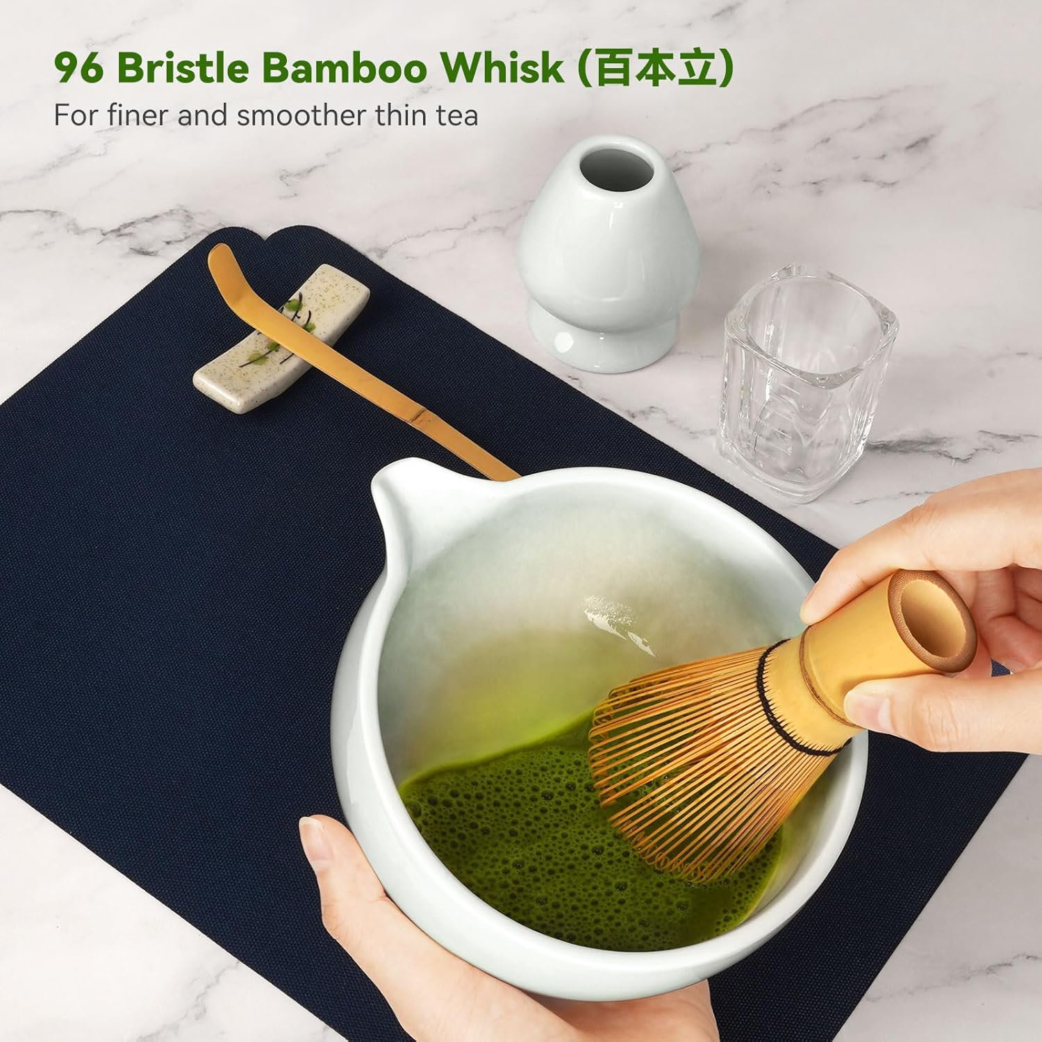 10-Pcs Matcha Whisk Set, Matcha Kit with Measuring Spoon/Cup, Green | Complete Matcha Tea Making Tools | Bamboo Whisk, Ceramic Bowl with Spout & Holder, Stainless Sifter, Gift for Starter