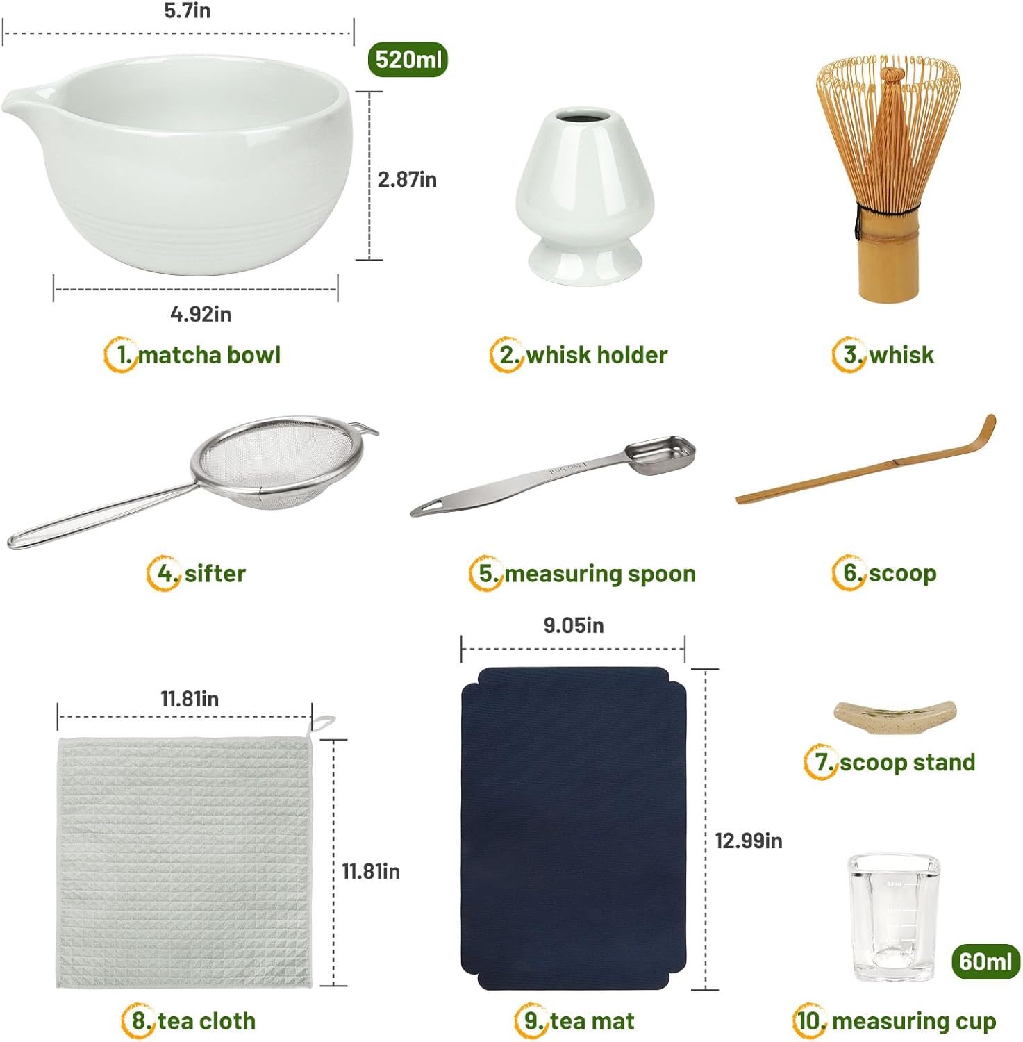 10-Pcs Matcha Whisk Set, Matcha Kit with Measuring Spoon/Cup, Green | Complete Matcha Tea Making Tools | Bamboo Whisk, Ceramic Bowl with Spout & Holder, Stainless Sifter, Gift for Starter