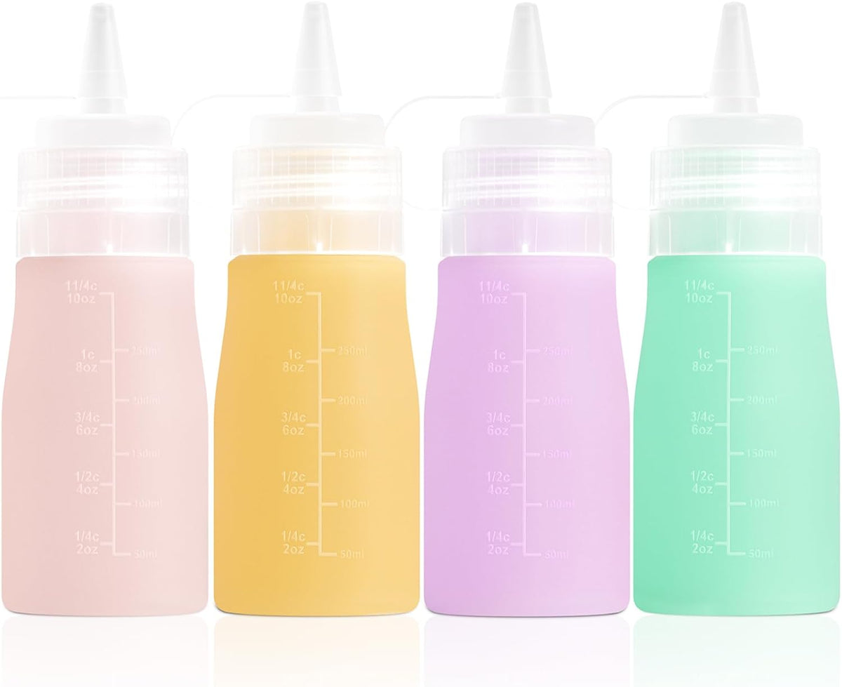 12oz Silicone Squeeze Bottles for Sauces & Oil, 4 Pack, Pink | Leak Proof Condiment Containers, Interchangeable Extra Lid, Food Grade, BPA Free Easy Squeeze for Honey, Ketchup & Dressing