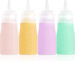 12oz Silicone Squeeze Bottles for Sauces & Oil, 4 Pack, Pink | Leak Proof Condiment Containers, Interchangeable Extra Lid, Food Grade, BPA Free Easy Squeeze for Honey, Ketchup & Dressing