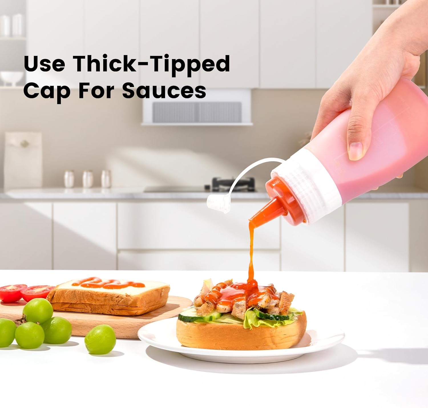 12oz Silicone Squeeze Bottles for Sauces & Oil, 4 Pack, Pink | Leak Proof Condiment Containers, Interchangeable Extra Lid, Food Grade, BPA Free Easy Squeeze for Honey, Ketchup & Dressing